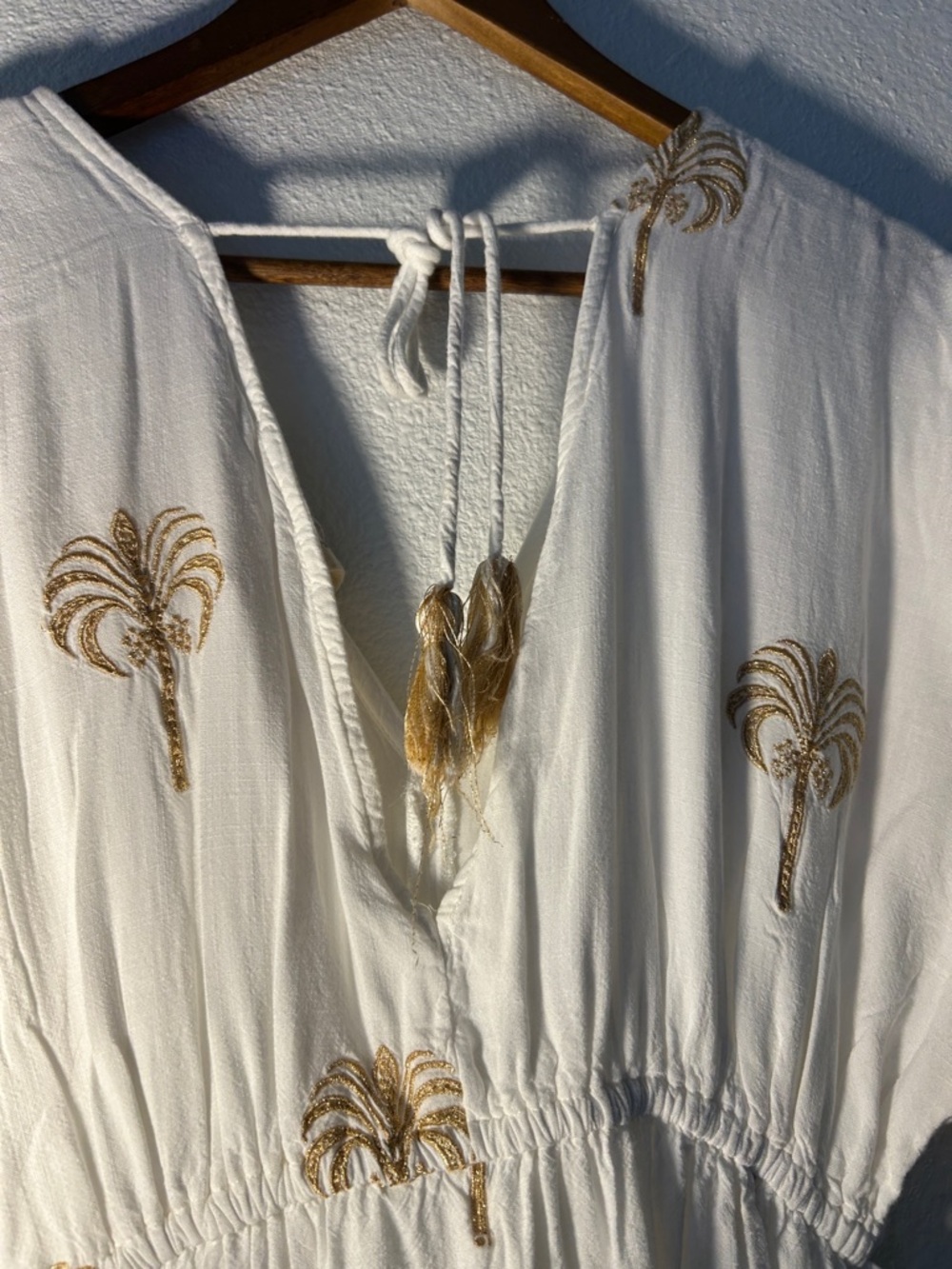 Z&L Europe White Palm Embroidered Midi Dress Boho Resort Fringe Sleeve - Picture 6 of 8